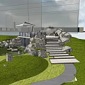Garden Landscape Design With Lush Lawn Colorful Trees Rock Formations Stone Steps And Pavilion