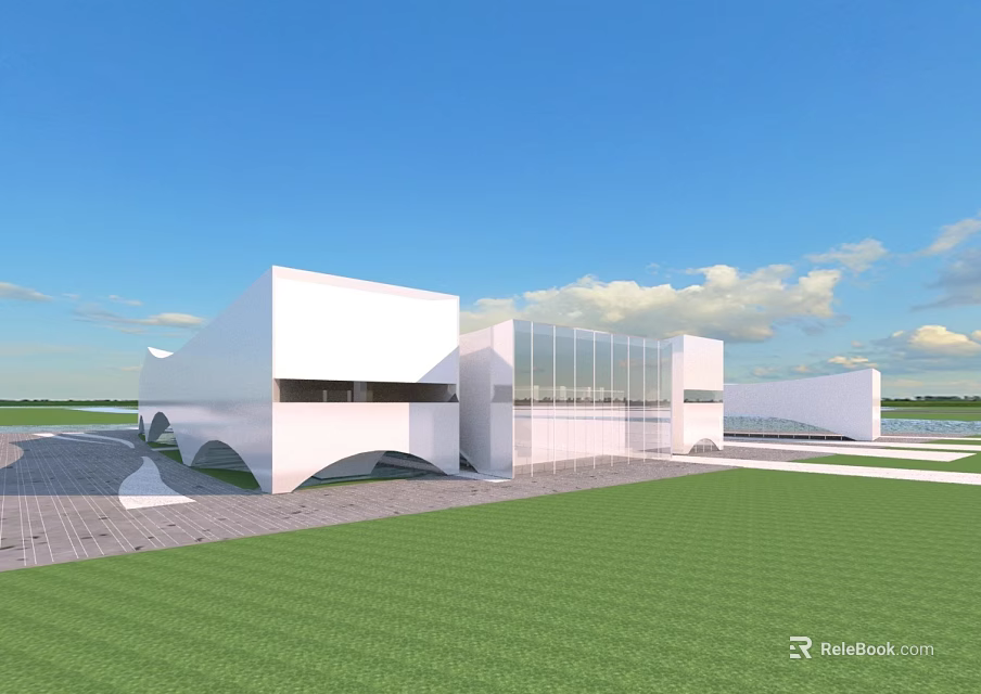 Aerial Planning of Modern White Glass Architecture With Grassland and Plaza 3d model 