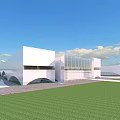 Aerial Planning of Modern White Glass Architecture With Grassland and Plaza