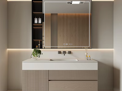 Elegant Modern Bathroom Vanity Cabinet with White Countertop Wooden Elements Framed Mirror and Soft Lighting 3d model