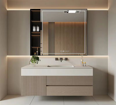 Elegant Modern Bathroom Vanity Cabinet with White Countertop Wooden Elements Framed Mirror and Soft Lighting 3d model