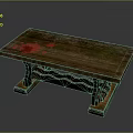 Wooden Table With Blood Red Spots On Natural Wooden Surface And Wavy Pattern Legs