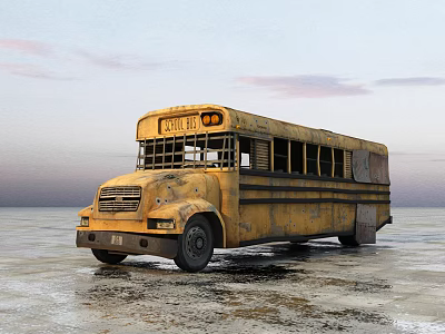 Old Yellow School Bus With Rusted Body On Icy Ground Under Cloudy Sky 3d model