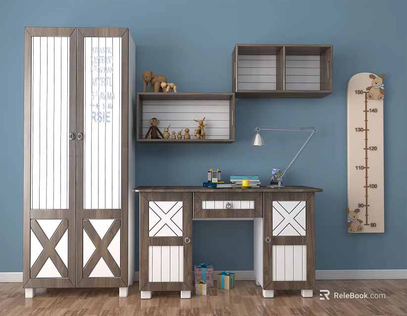 Wooden Home Office Desk With Tall Cabinet Wall Shelves Table Lamp And Decorative Items 3d model 