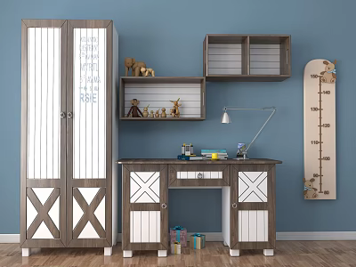 Wooden Home Office Desk With Tall Cabinet Wall Shelves Table Lamp And Decorative Items 3d model