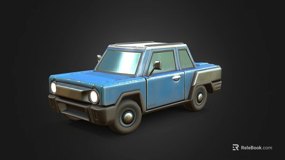 Blue Compact Pickup Truck 3D Model With Headlights Silver Roof And Black Wheels 3d model 