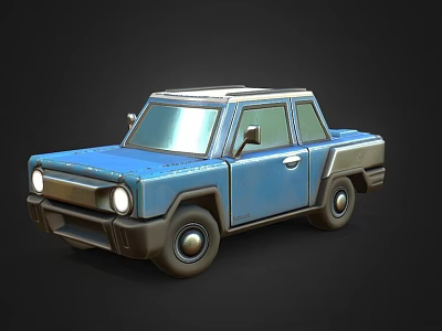 Blue Compact Pickup Truck 3D Model With Headlights Silver Roof And Black Wheels 3d model