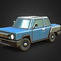 Blue Compact Pickup Truck 3D Model With Headlights Silver Roof And Black Wheels