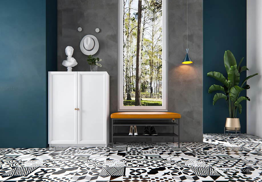 White Shoe Cabinet with Bench and Shoes in Modern Room with Window and Green Plant 3d model 