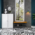 White Shoe Cabinet with Bench and Shoes in Modern Room with Window and Green Plant