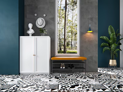 White Shoe Cabinet with Bench and Shoes in Modern Room with Window and Green Plant 3d model