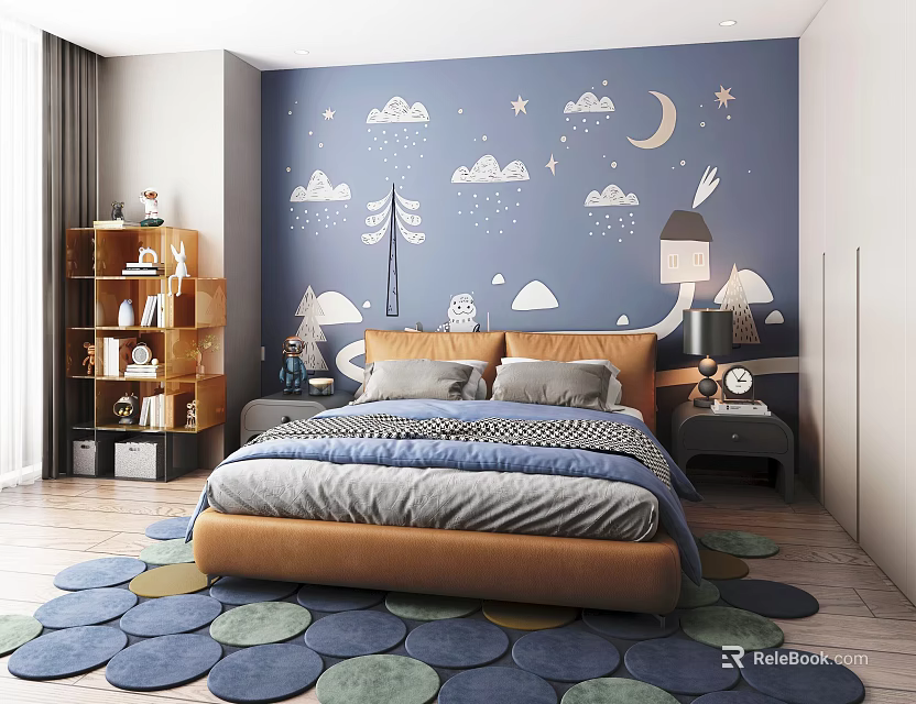 Cozy Kids Room Interior With Blue Wall Clouds Stars Moon Murals Brown Bed Wooden Bookshelf Rug 3d model 