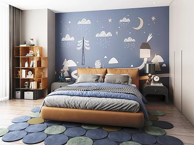 Cozy Kids Room Interior With Blue Wall Clouds Stars Moon Murals Brown Bed Wooden Bookshelf Rug 3d model