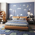 Cozy Kids Room Interior With Blue Wall Clouds Stars Moon Murals Brown Bed Wooden Bookshelf Rug