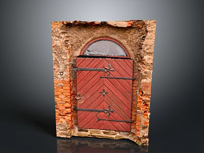 Traditional Entrance Gate With Red Brick Wall Arched Top And Wooden Door Panels 3d model