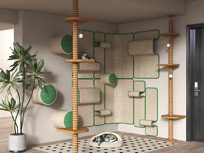 Multi Level Wooden Cat Tree With Green Scratching Posts And Cat Bed Platforms 3d model