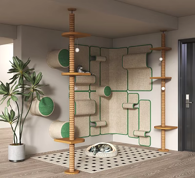 Multi Level Wooden Cat Tree With Green Scratching Posts And Cat Bed Platforms 3d model