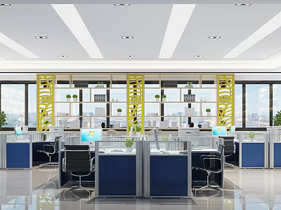 Open Public Office Space With Workstations Yellow Partitions Natural Light Green Plants And Blue Desks 3d model