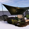 Outdoor Garden Seating Set With Green Chairs Sofa Crate Table Canopy And Yellow Flowers