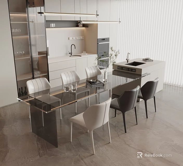 Modern Dining Table Set With Glass Top White Black Chairs And Kitchen Background 3d model 