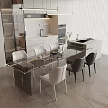 Modern Dining Table Set With Glass Top White Black Chairs And Kitchen Background
