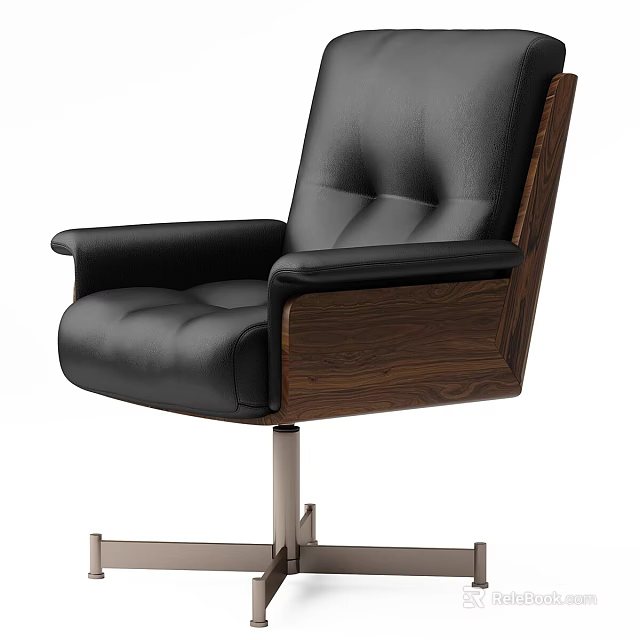 Stylish Black Leather Leisure Chair With Wooden Frame And Metal Swivel Base 3d model 