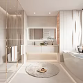 Modern Bathroom Interior Design With Glass Shower Bathtub Large Mirror Vanity And Round Rug