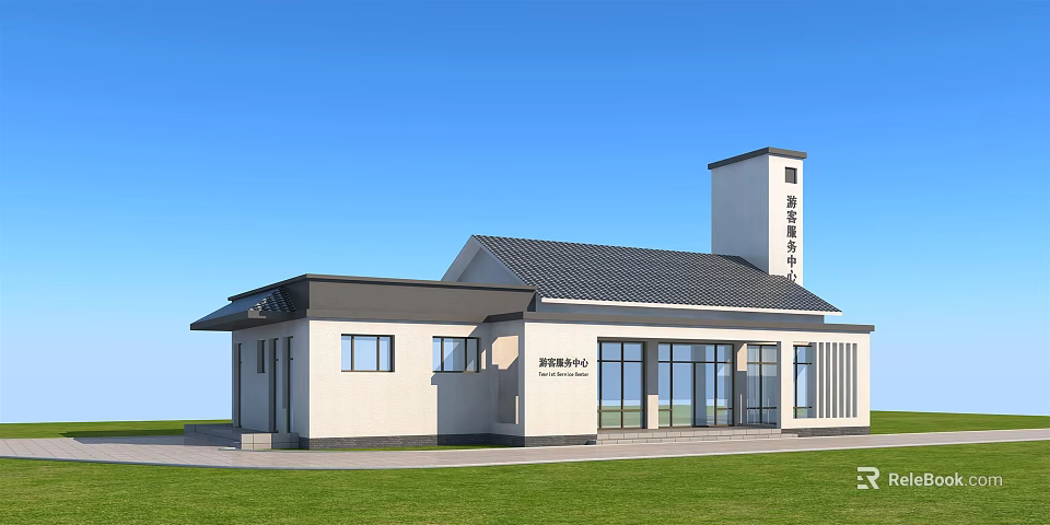 Modern Community Service Center Exterior With Large Glass Windows And Gray Roof 3d model 