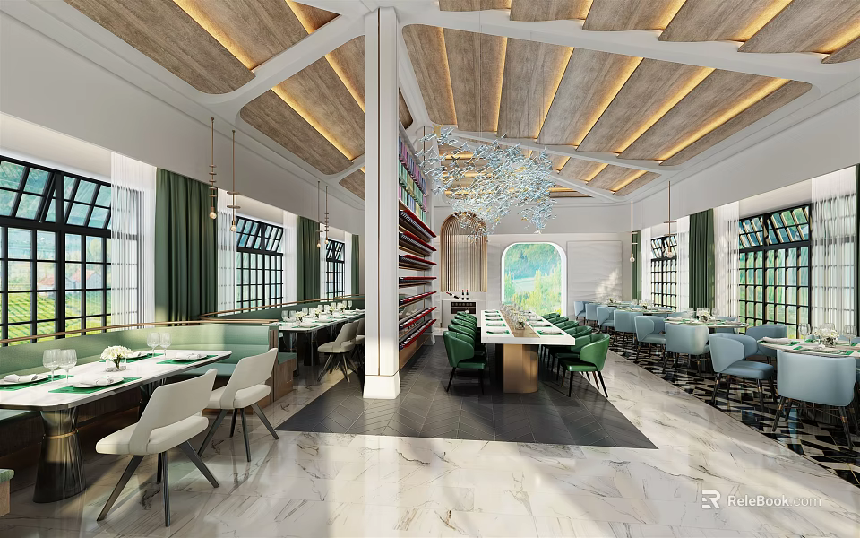 Elegant Restaurant Interior Design With Wooden Ceiling Pendant Lights Green Seats And Marble Floor 3d model 