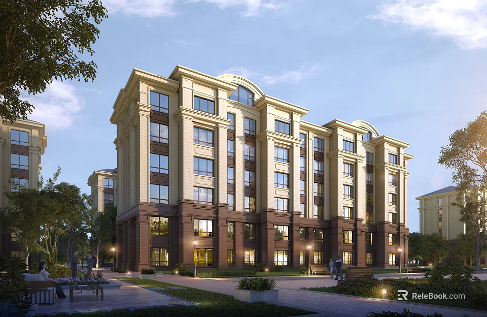 Modern Residential Building With Beige Brown Exterior Green Landscaping Outdoor Lighting And Trees 3d model 