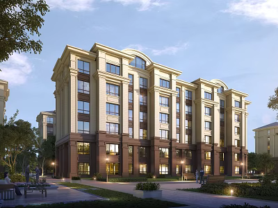 Modern Residential Building With Beige Brown Exterior Green Landscaping Outdoor Lighting And Trees 3d model