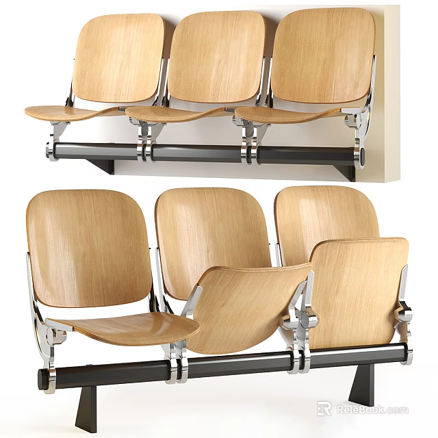 Wooden Public Chairs With Metal Frame And Three Seat Row Design 3d model 