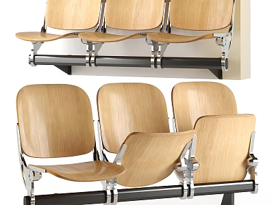 Wooden Public Chairs With Metal Frame And Three Seat Row Design 3d model