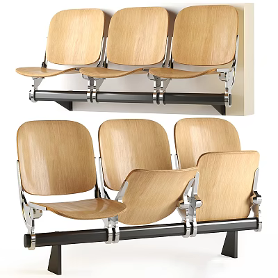 Wooden Public Chairs With Metal Frame And Three Seat Row Design 3d model
