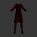 Man Wearing Red Long Coat Open Front Black Inner Gray Pants Black Shoes Gray Background