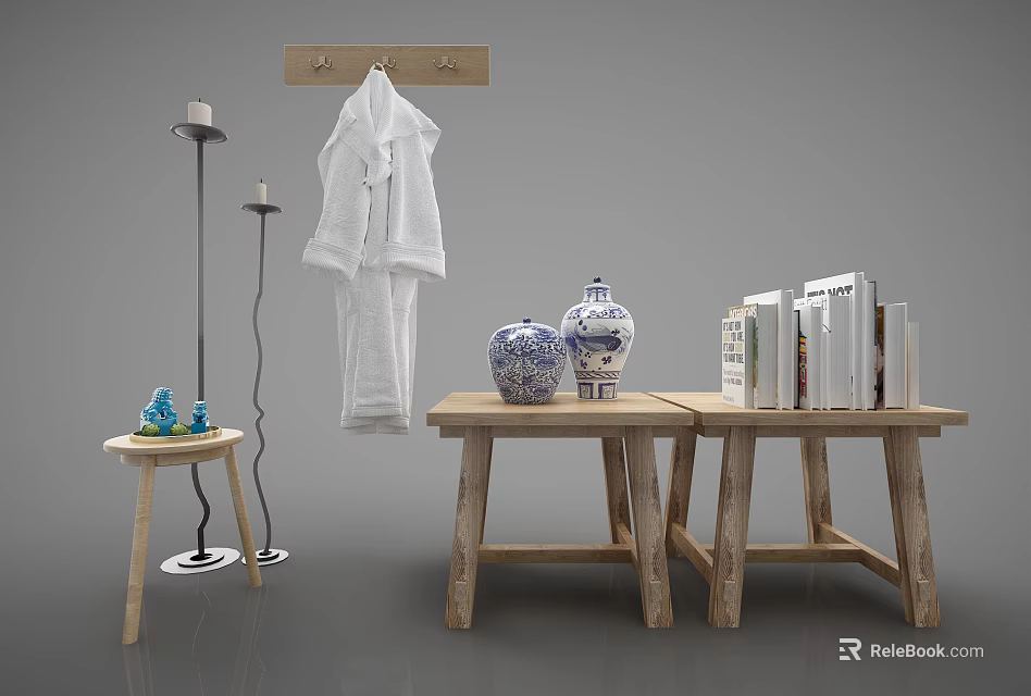 Decorative Ornament Combination With Wooden Tables Blue White Vases Books And Candle Holders 3d model 