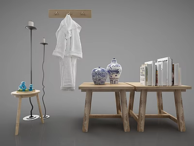 Decorative Ornament Combination With Wooden Tables Blue White Vases Books And Candle Holders 3d model