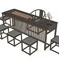 Traditional Chinese Style Tea Table With Matching Chairs Stools And Bonsai