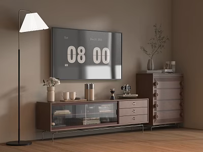 Wooden TV Stand with Flat Screen TV Drawers Glass Doors Decorative Items and Floor Lamp 3d model