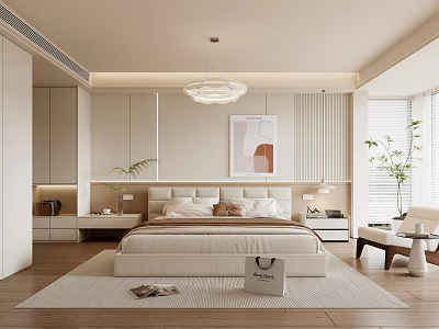 Modern Bedroom Interior With Large Bed Chandelier Artwork Plants Rug Nightstand And Cabinets 3d model