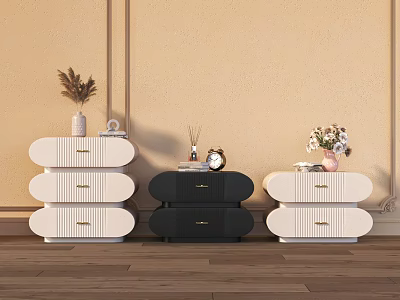 Modern White And Black Bedside Tables With Vases Fresh Flowers Dried Plants Alarm Clock 3d model