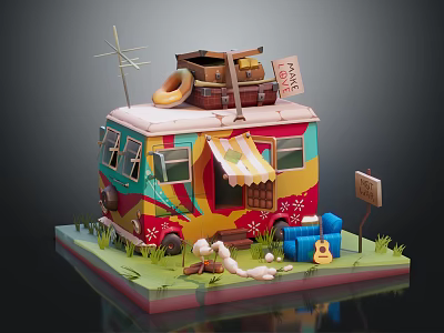 Colorful Camper Van With Luggage Donut Tube Sign Guitar And Campfire On Grass 3d model