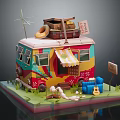 Colorful Camper Van With Luggage Donut Tube Sign Guitar And Campfire On Grass