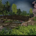 Wooden Bridge Over Pond With Rocks Greenery Palm Trees And Cherry Blossom Under Blue Sky
