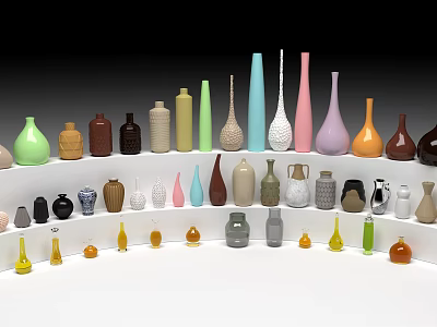 Various Colored And Shaped Ceramic Vases Arranged On White Curved Shelves 3d model