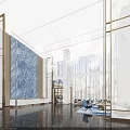 Elegant Modern Hotel Lobby Interior With Blue Marble Wall Snowflake Chandeliers Large Windows And Reception