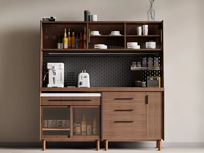 Modern Wooden Sideboard With Open Shelves Glass Doors Drawers And Coffee Machine 3d model