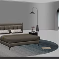Modern Double Bed Featuring Beige Headboard Round Rug Floor Lamp and Scenic Sea View Window