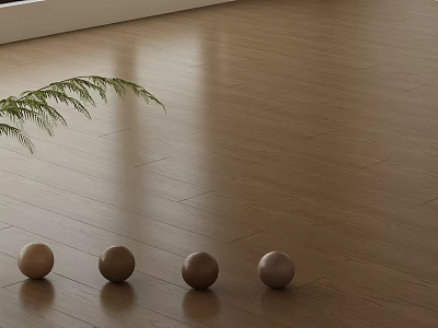Natural Wooden Floor Surface with Green Plant Leaves and Four Wooden Balls 3d model