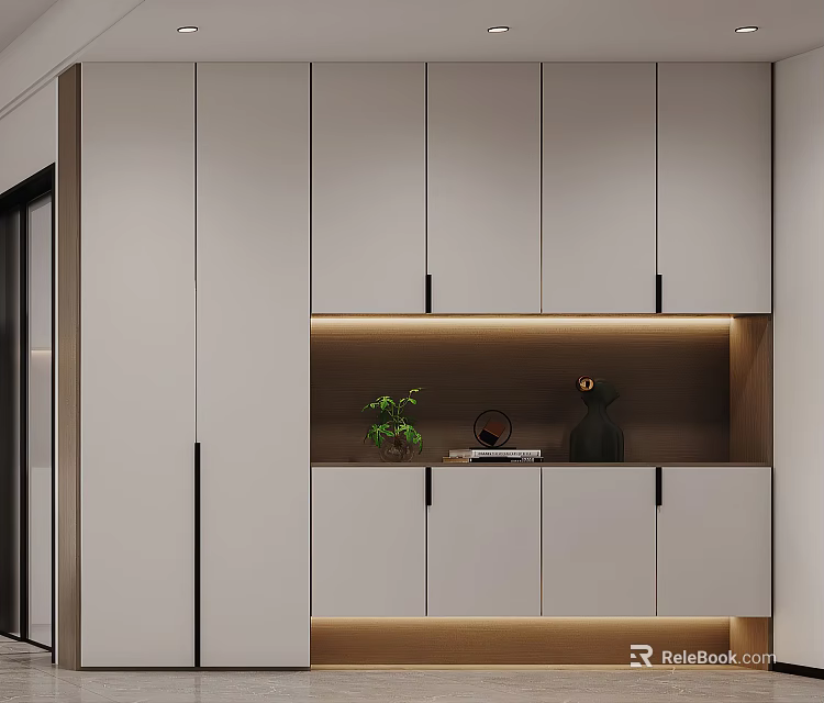 Modern White Shoe Cabinet Storage Design With Open Shelf And Decorative Interior Elements 3d model